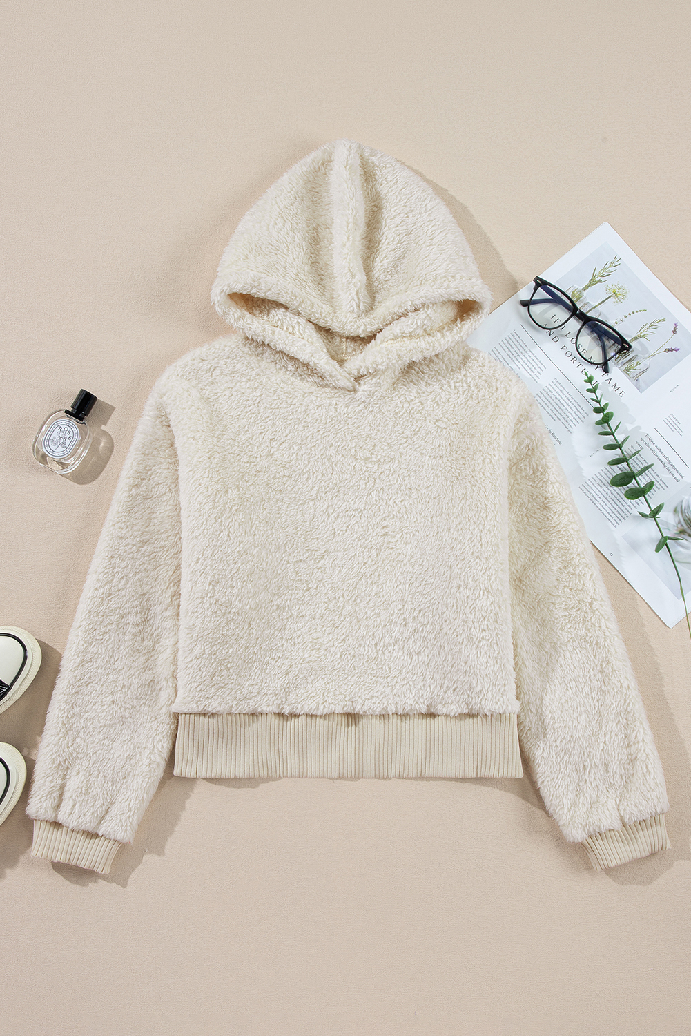 White Contrast Ribbed Edge Plush Hoodie - loveforevers
