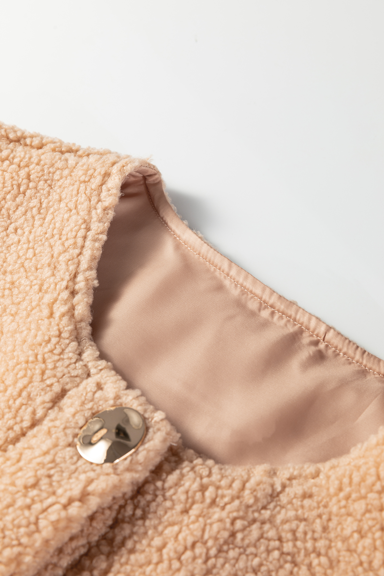 Light French Beige Big Button Accent Fuzzy Pocket Vest - loveforevers