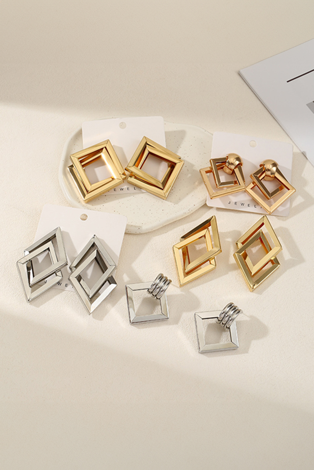 Gold Plated Double Square Geometry Studded Earrings - loveforevers