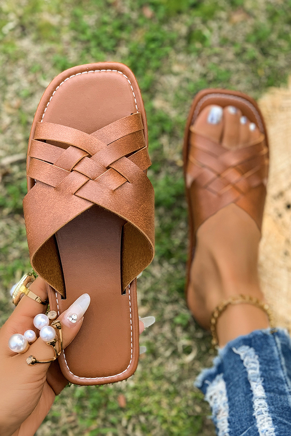 Coffee Crossed Woven Faux Leather Flat Fashion Slippers - loveforevers