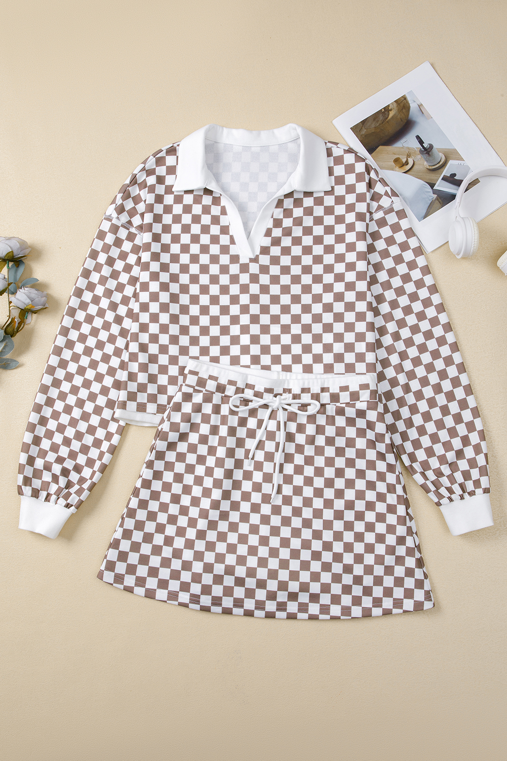 Khaki Checkered Print Polo Collar Cropped Long Sleeve Top Drawstring Mini Skirt Set - loveforevers