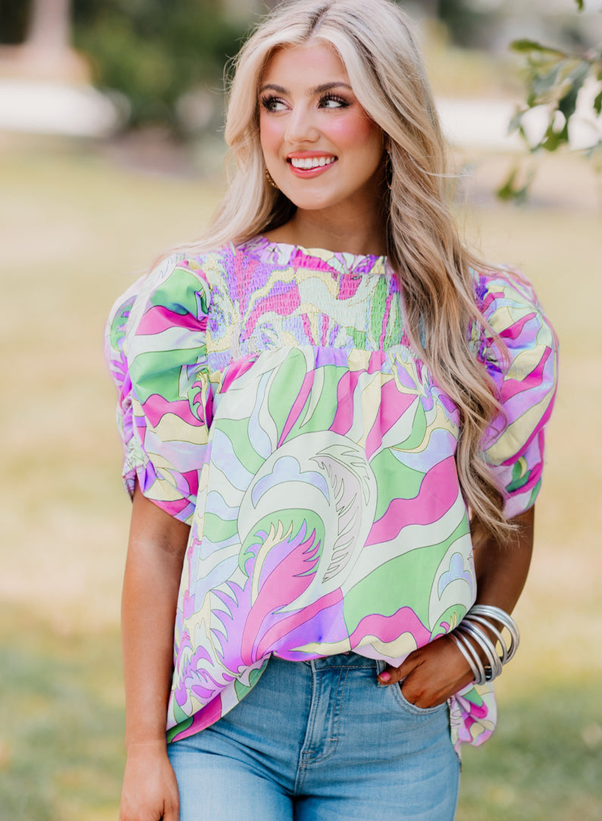 Green Abstract Print Bubble Sleeve Smock Detail Blouse - loveforevers