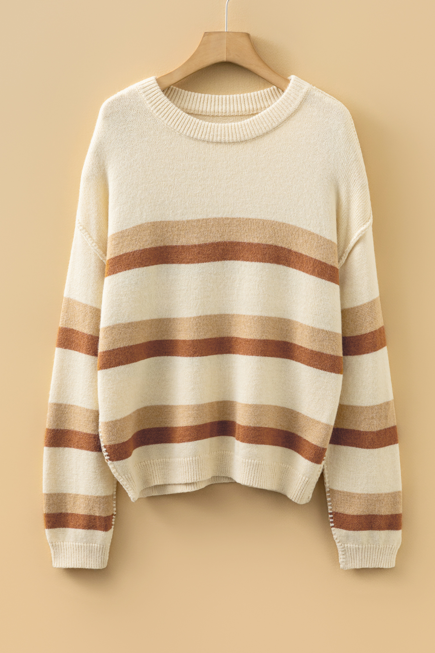 Khaki Stripe Exposed Seam Drop Shoulder Knit Baggy Sweater - loveforevers
