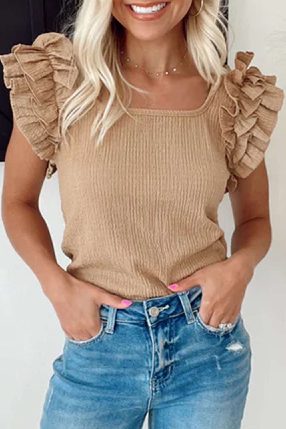 Smoke Gray Ruffled Tiered Sleeve Square Neck Textured Top - loveforevers