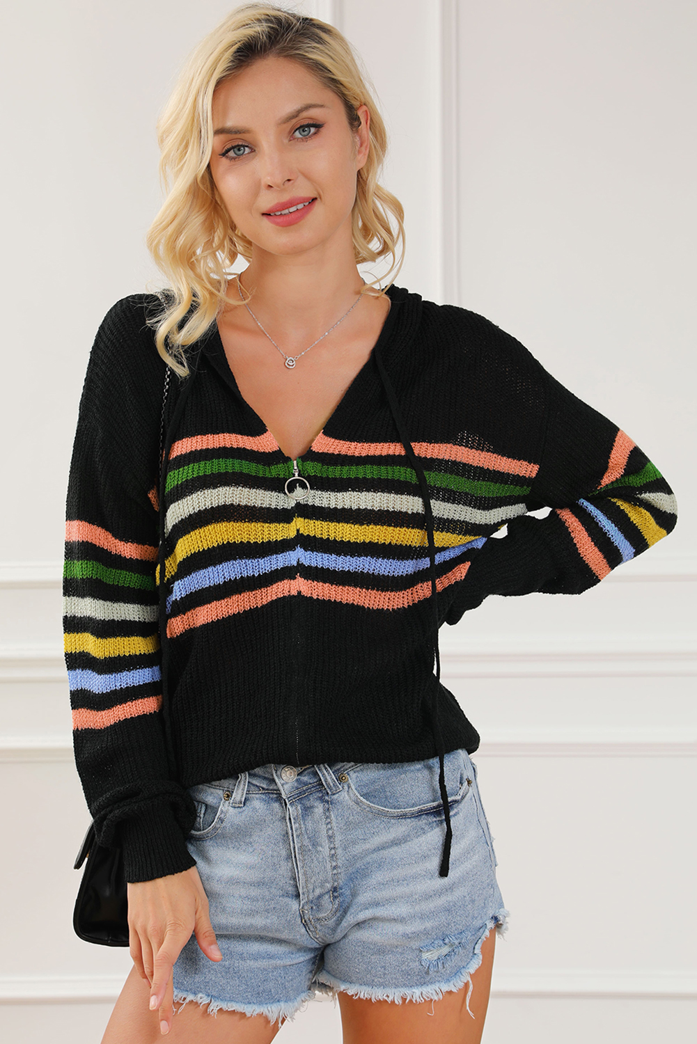 Black Striped Detail Zip Up Hooded Sweater Cardigan - loveforevers