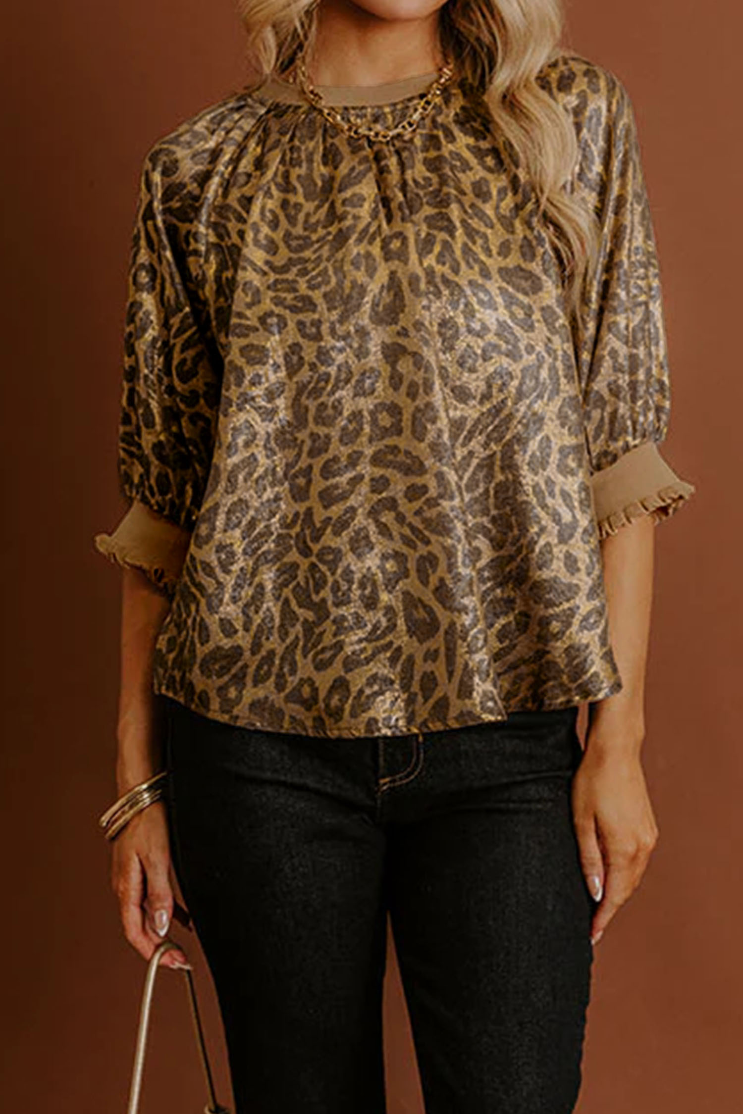 Gold  Half Sleeve Metallic Leopard Print Blouse - loveforevers