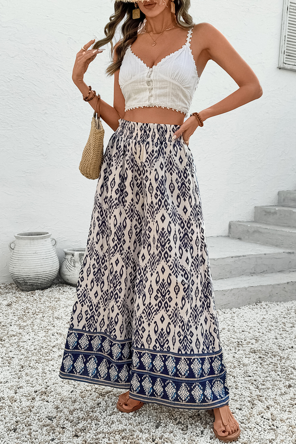 Blue Boho Geometric Print Shirred High Waist Wide Leg Jumpsuit - loveforevers