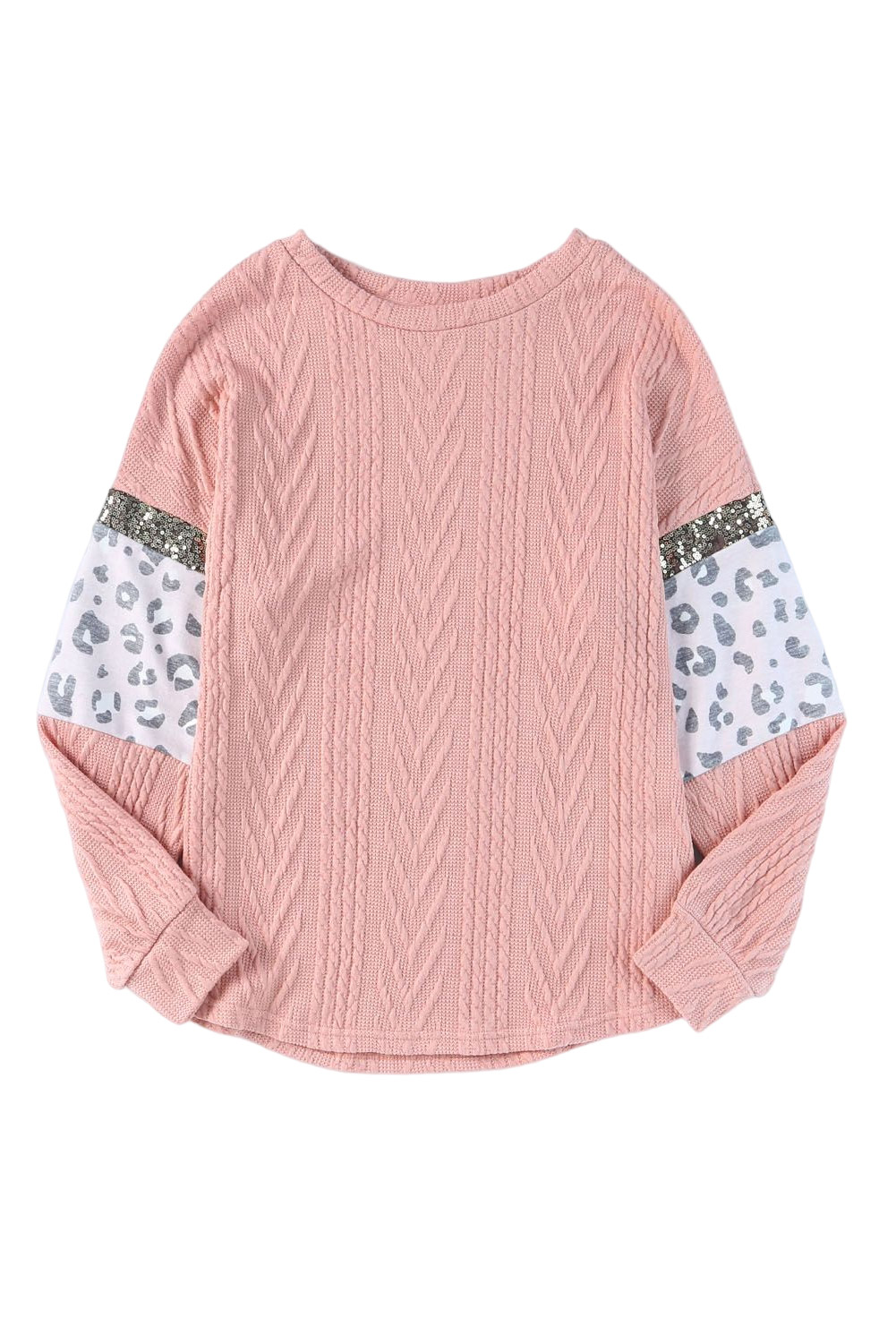 Pink Leopard Sequin Splicing Sleeves Textured Knit Top - loveforevers