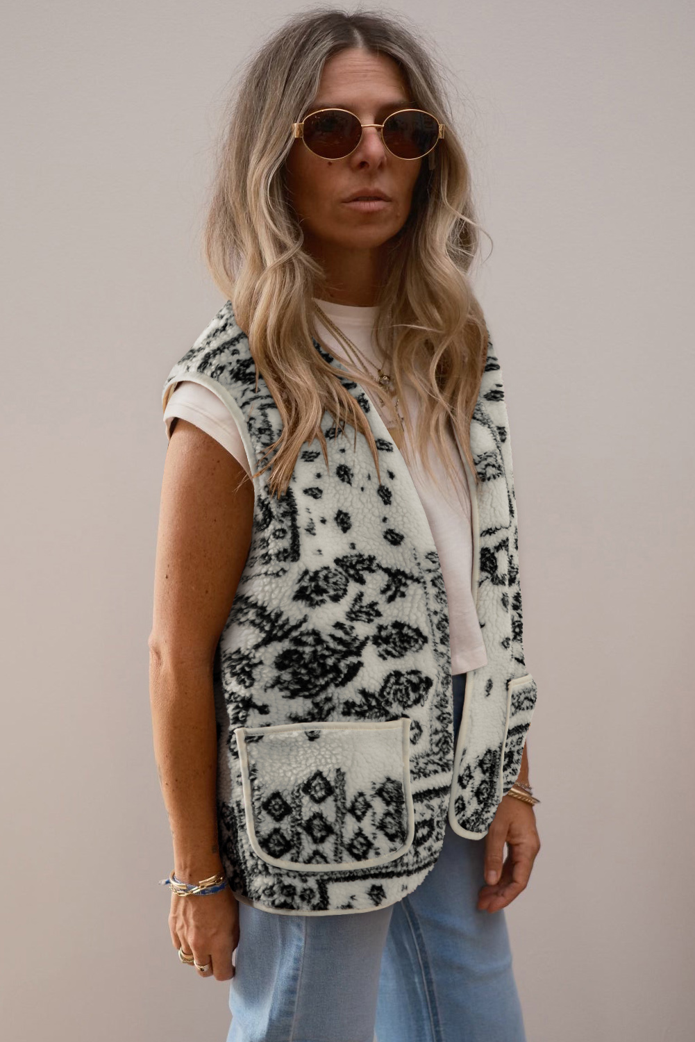 Brown Sherpa Paisley Print Pocketed Western Fashion Vest Jacket - loveforevers