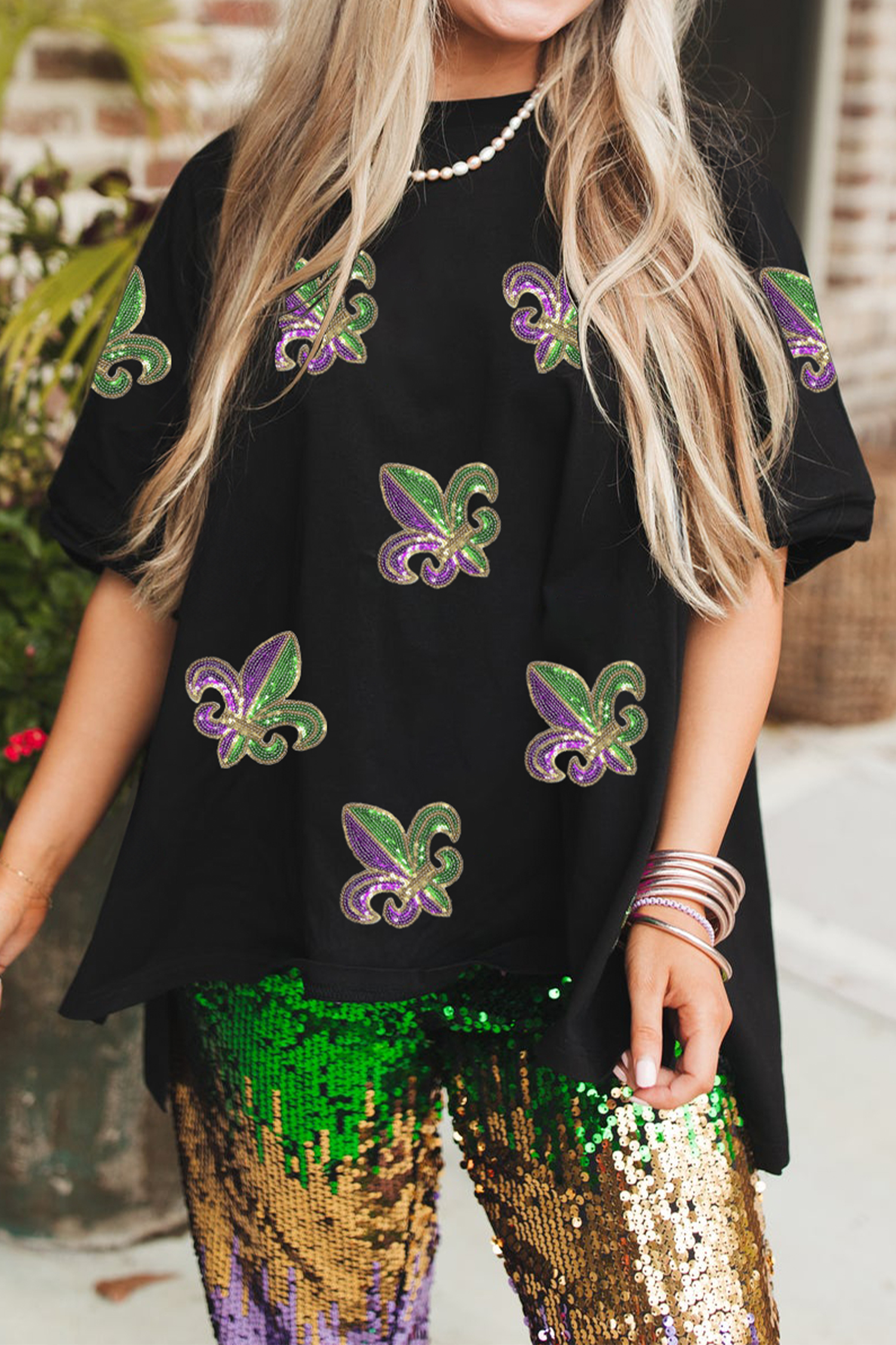Black Sequin Mardi Gras Fleur De Lis Oversized T Shirt - loveforevers