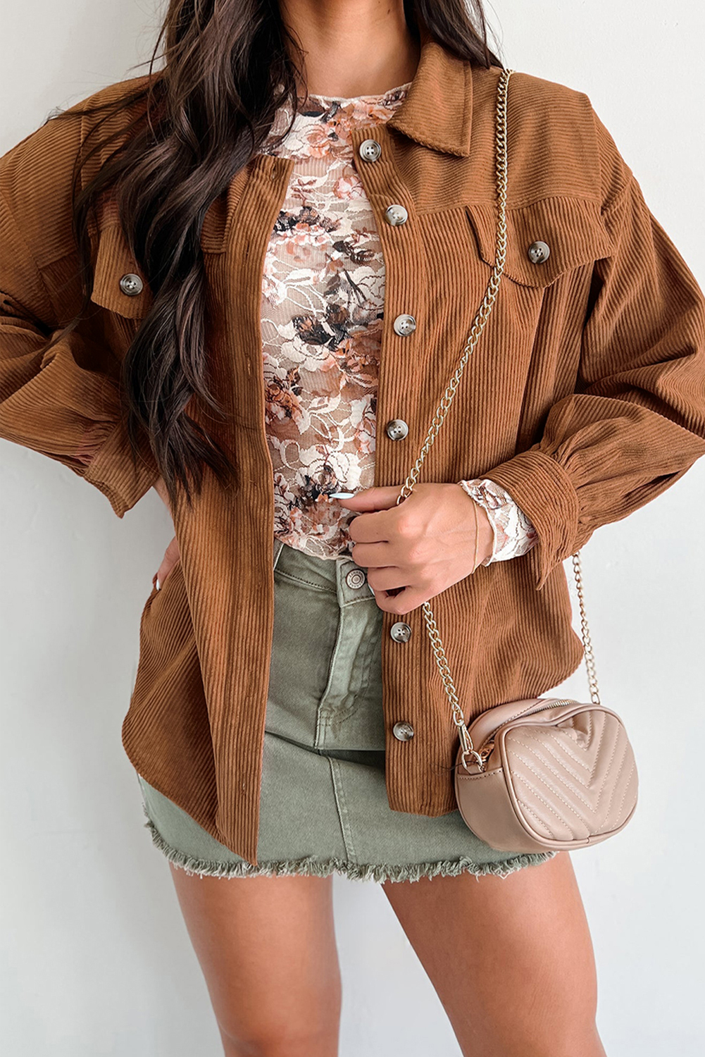 Cinnamon Corduroy Flap Pocket Button Up Round Hem Shacket - loveforevers