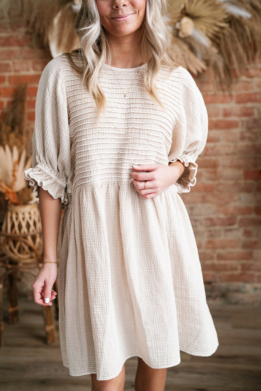 White Textured Ruffled Puff Sleeve Loose Dress - loveforevers