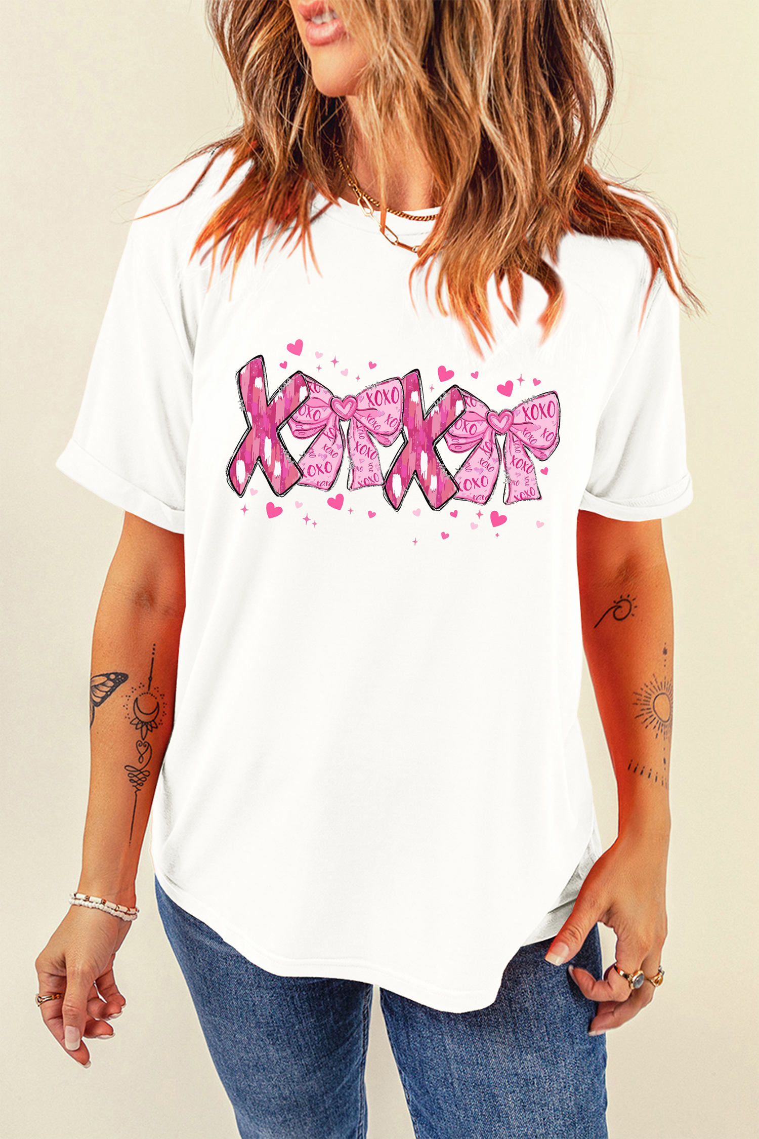 White Valentines Day XOXO Bow Printed T Shirt - loveforevers
