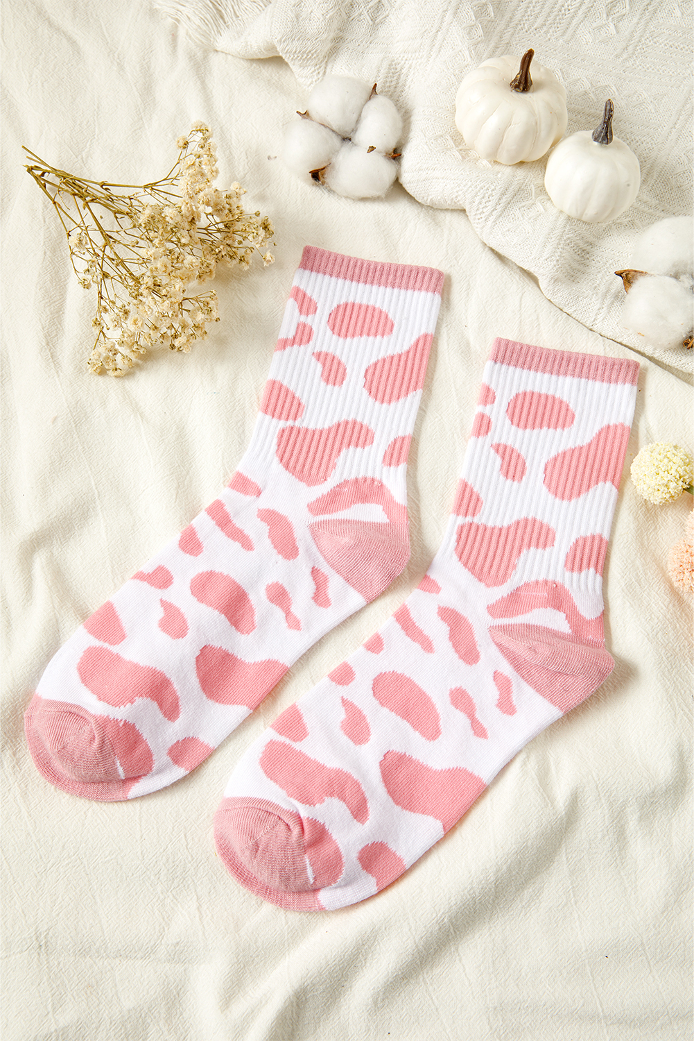 Pink Cow Print Ribbed Detail Crew Socks - loveforevers
