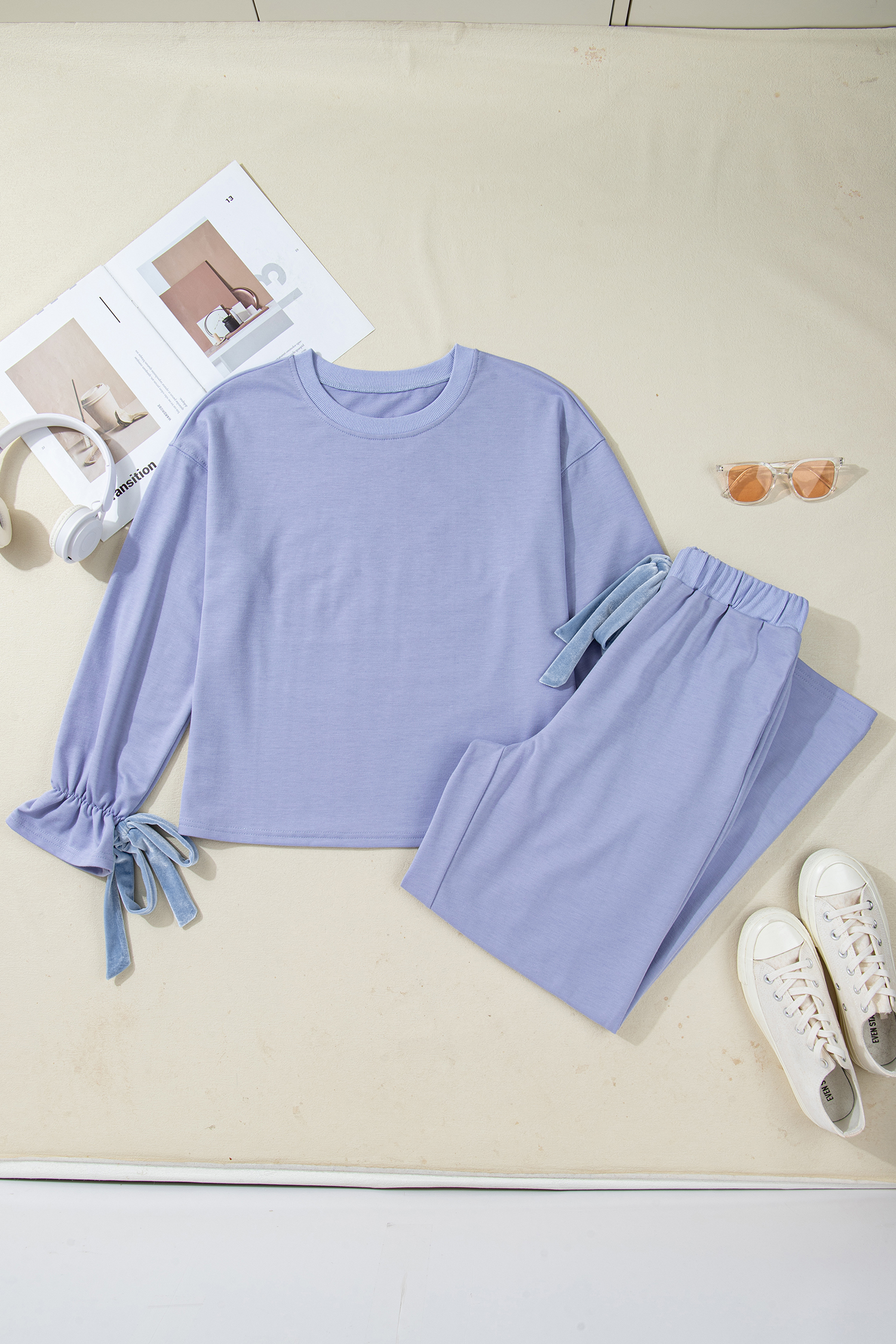 Beau Blue Flounce Long Sleeve Top Drawstring Pants Contrast Velvet Bow Knot 2pcs Lounge Set - loveforevers