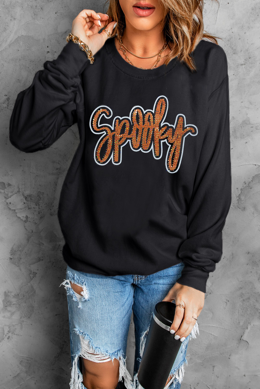 Black Spooky Rhinestone Drop Shoulder Graphic Sweatshirt - loveforevers