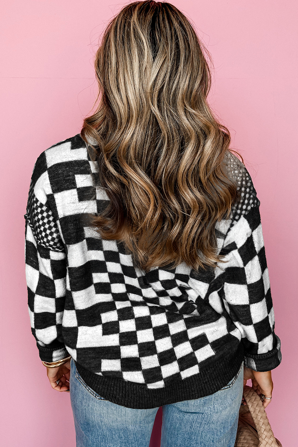 Khaki Checkered Print Drop Shoulder Round Neck Sweater - loveforevers