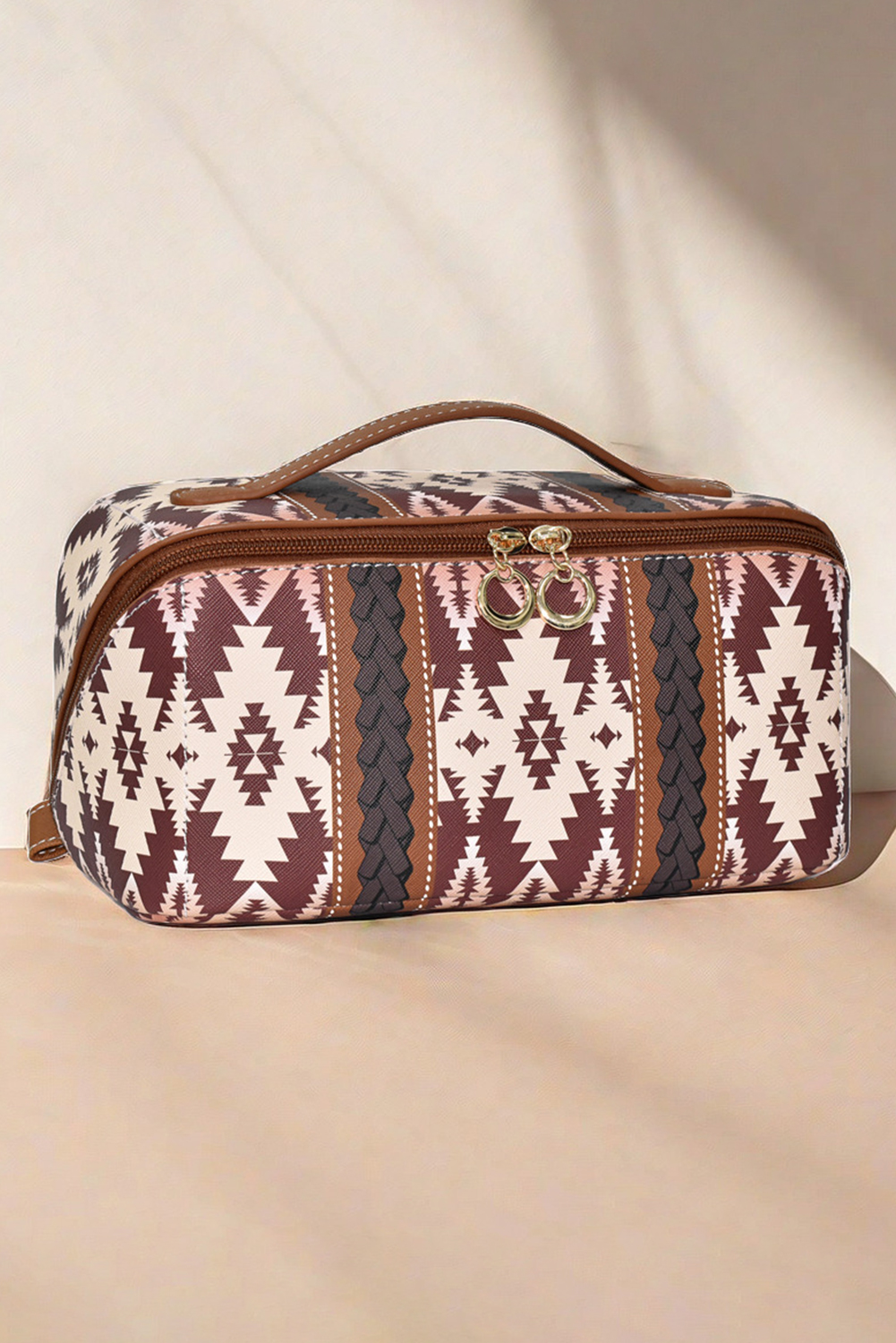Light French Beige Geometric Braided Print Makeup Bag with Handle - loveforevers