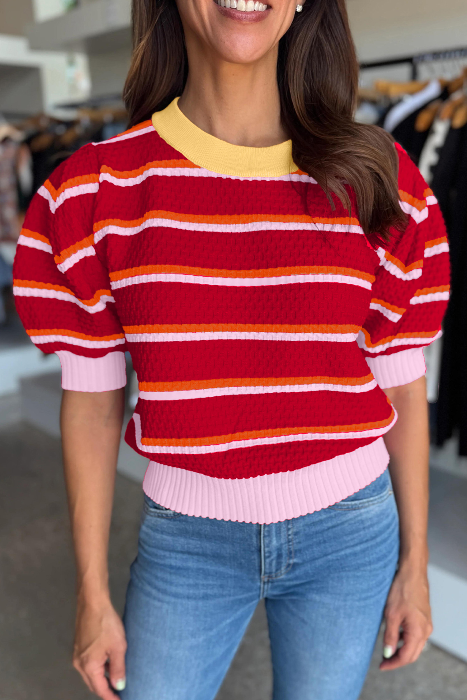 Red Stripe Colorblock Trim Half Sleeve Sweater Top - loveforevers