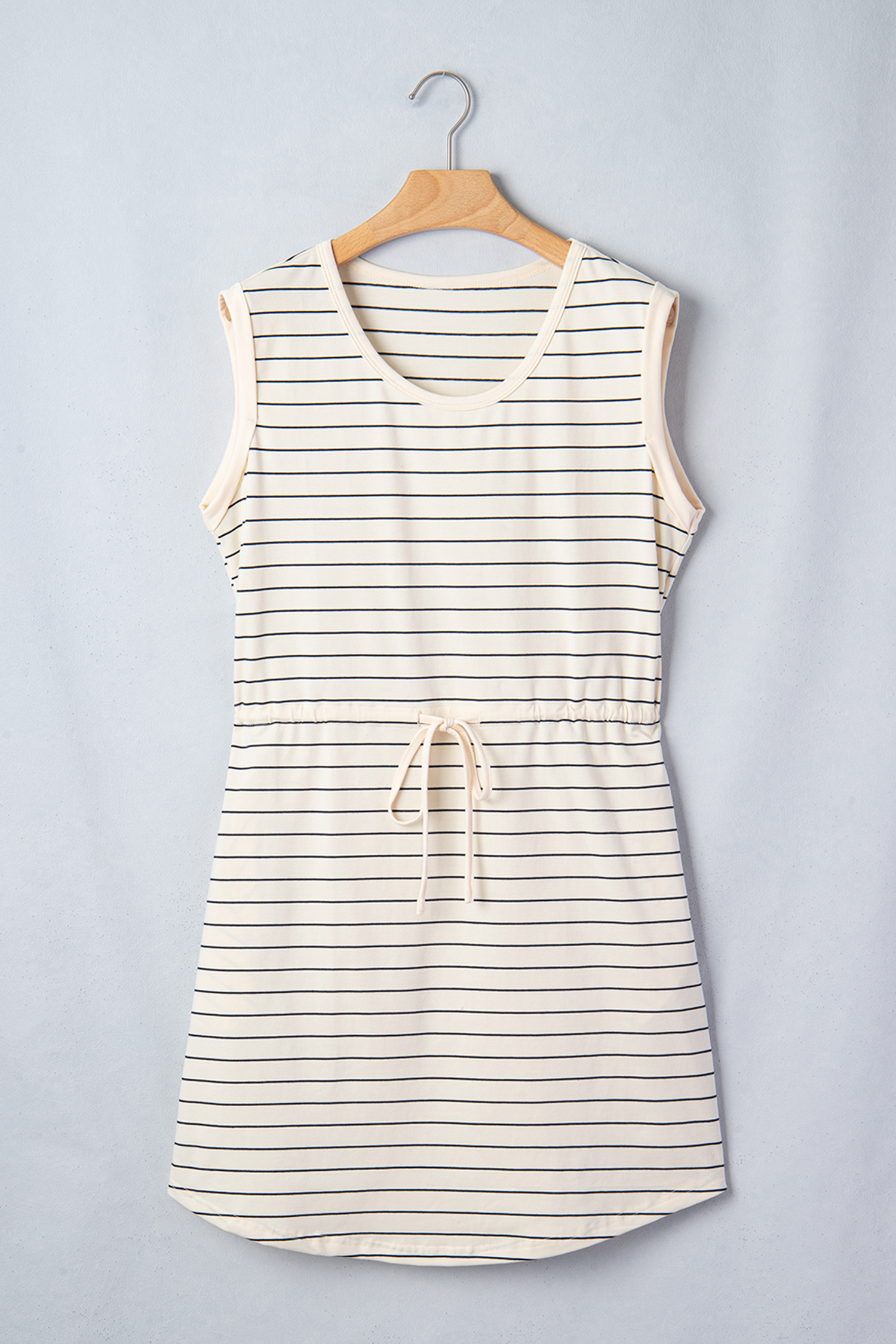 Beige Stripe Drawstring Tunic Tank Mini Dress with Pockets - loveforevers