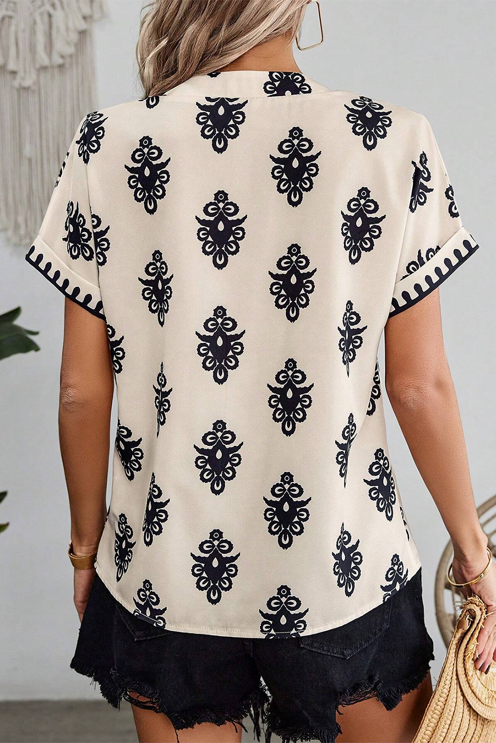 Beige Geometric Printed Sleeveless Hollowed Bowknot Back Mini Dress - loveforevers