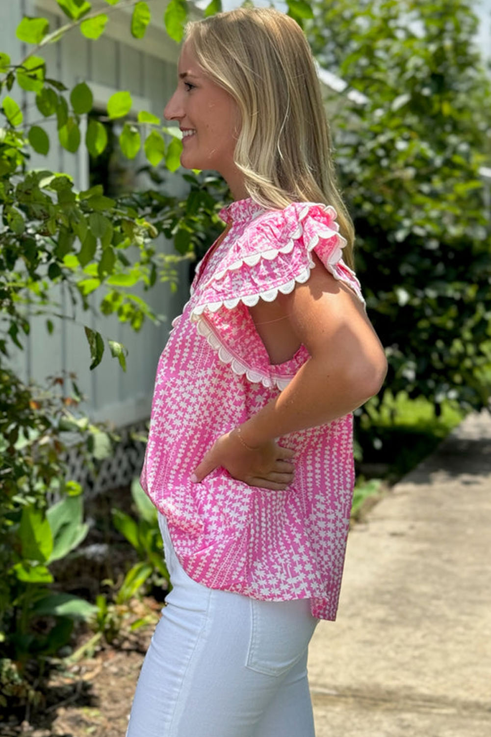 Pink Abstract Print Ric Rac Trim Flutter Sleeve Notch V Neck Blouse - loveforevers