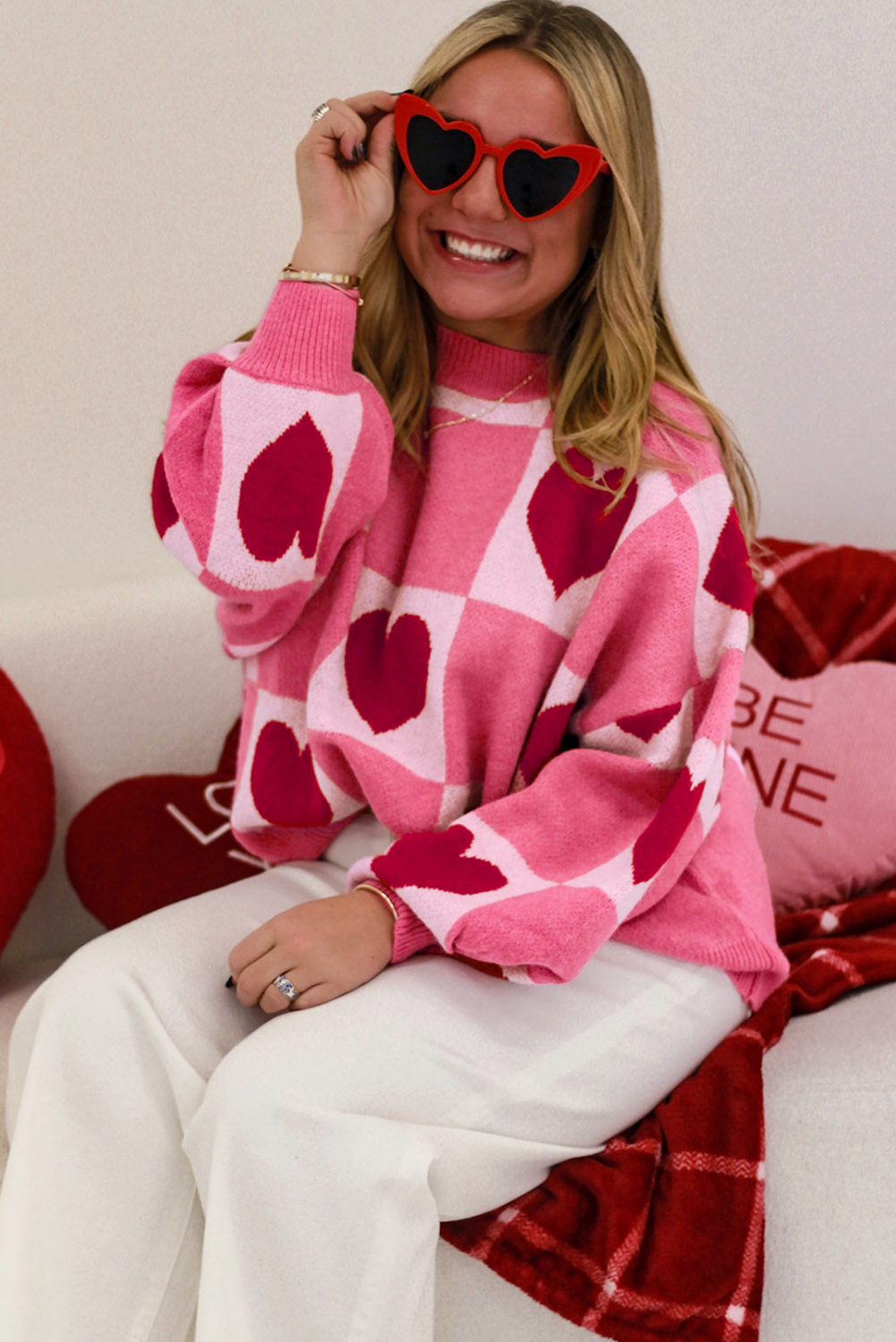 Pink Love Heart Checkered Valentine Crew Neck Sweater - loveforevers