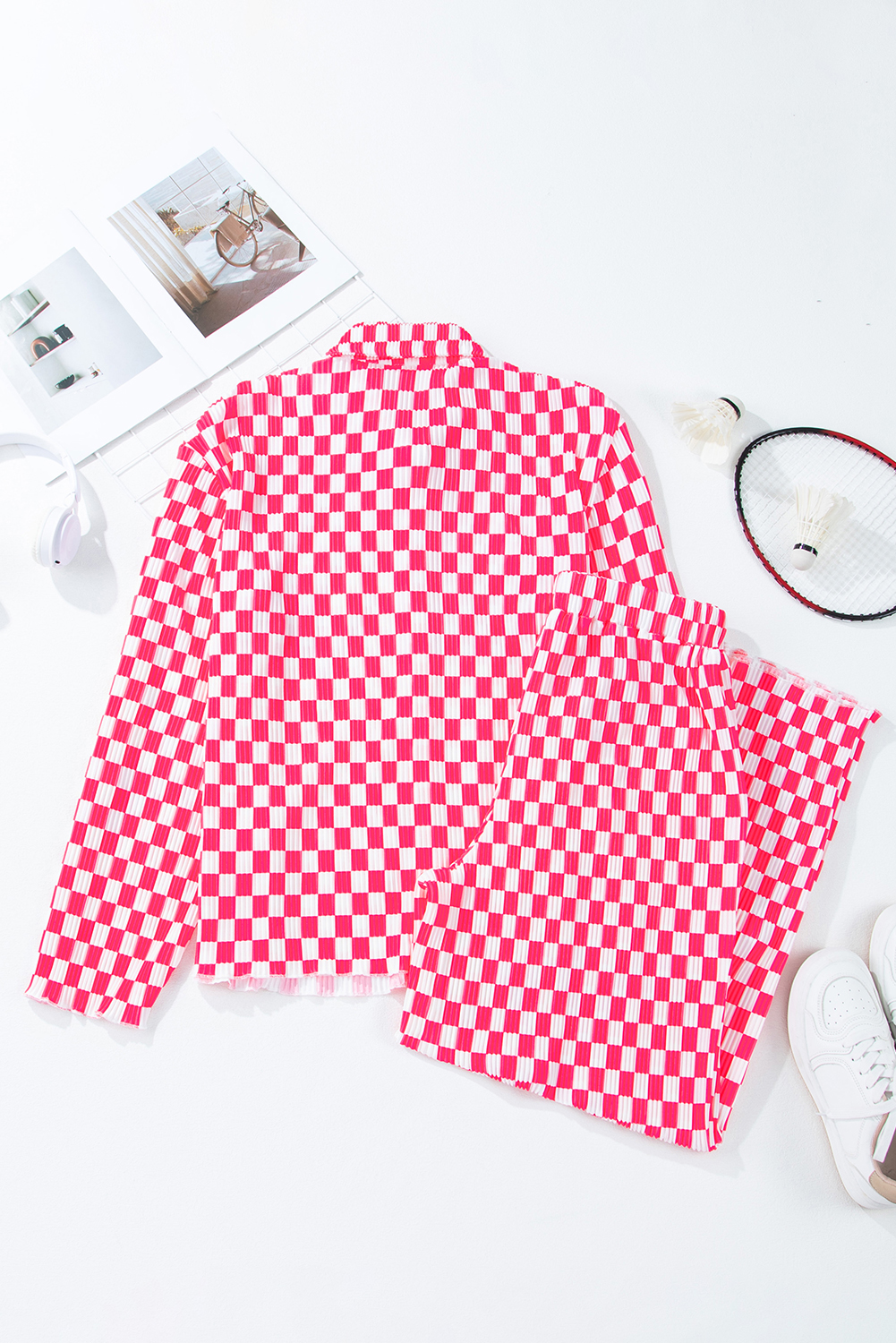Pink Checkered Buttoned Shirt and High Waist Pants Pajama Set - loveforevers