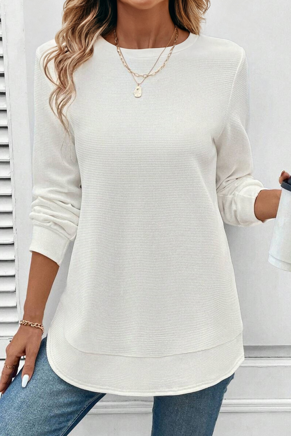 White Rounded Hem Waffle Long Sleeve Top - loveforevers