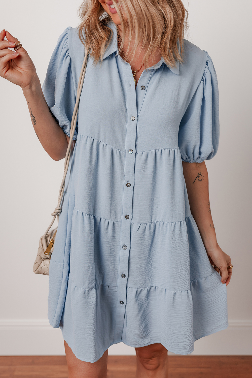 Beau Blue Shirt Collar Button Up Short Puff Sleeve Tiered Shift Dress - loveforevers
