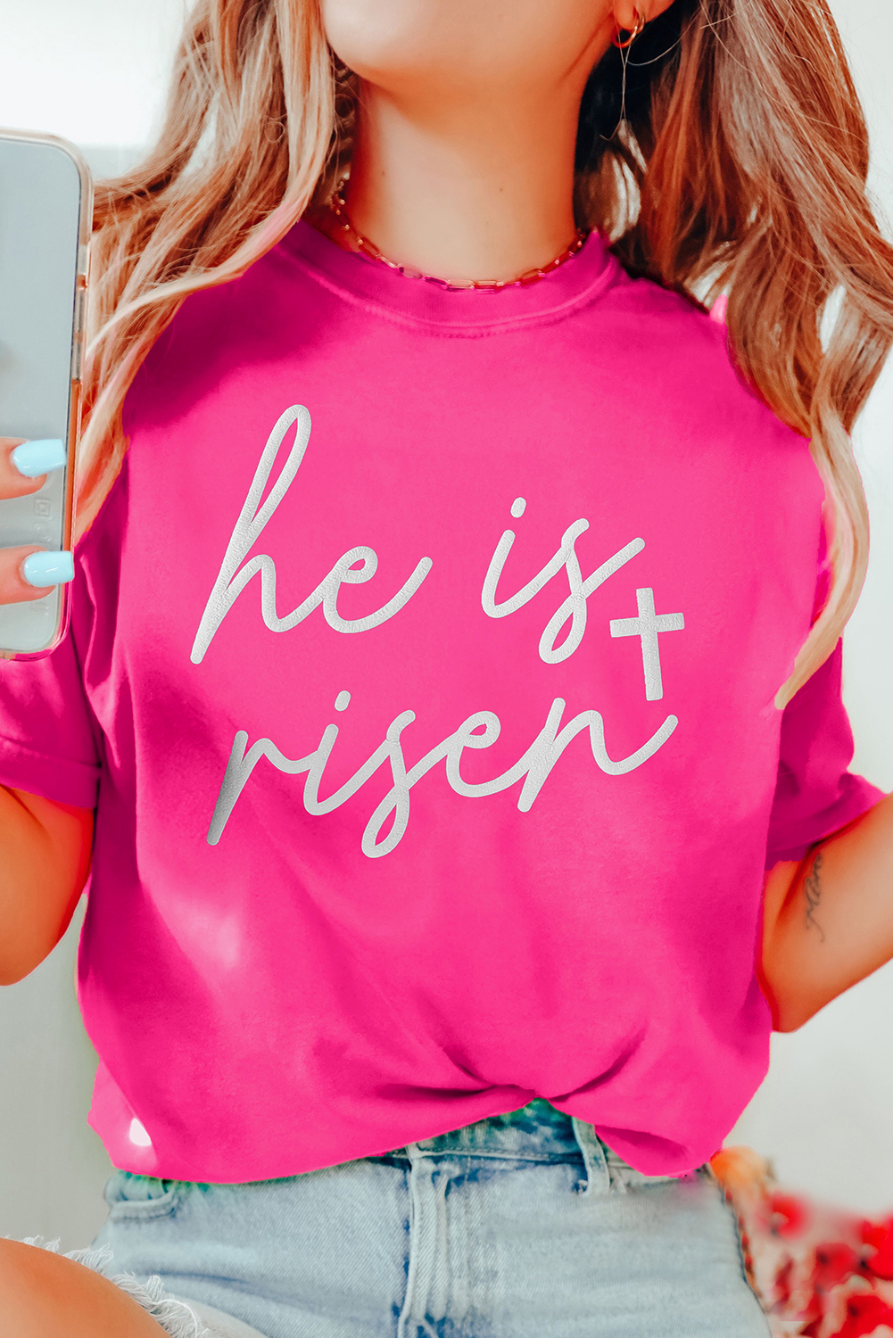 Rose Red Glitter he is risen Cross Printed Crewneck Tee - loveforevers