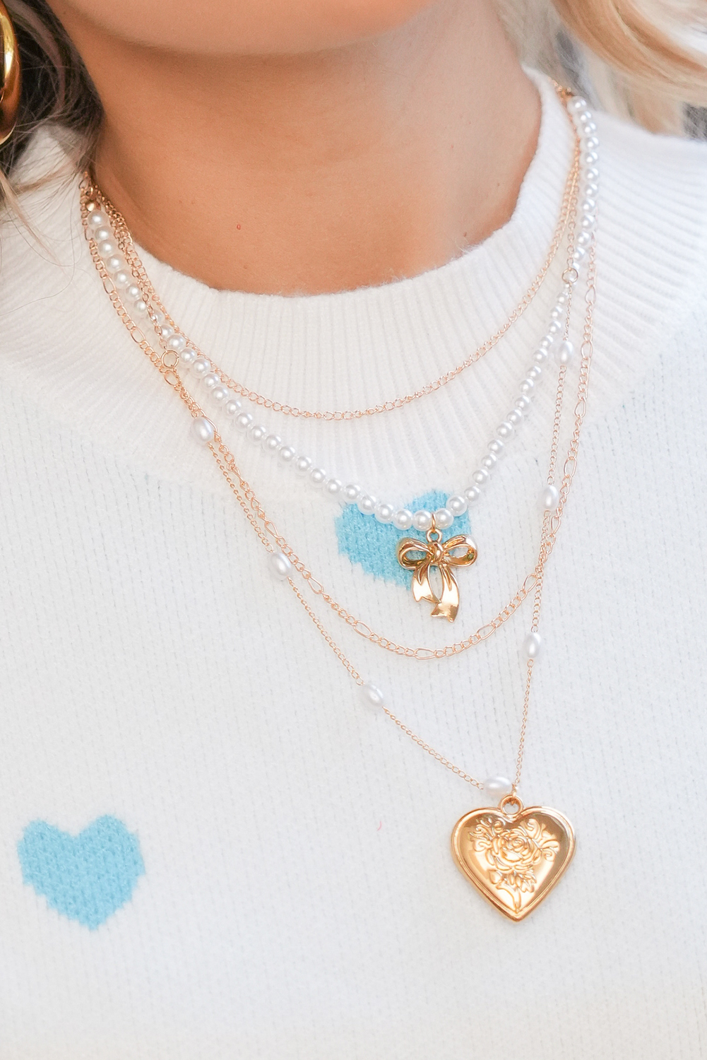 Gold Plated Bow Heart Pendant Pearl Beading Multilayer Necklace - loveforevers