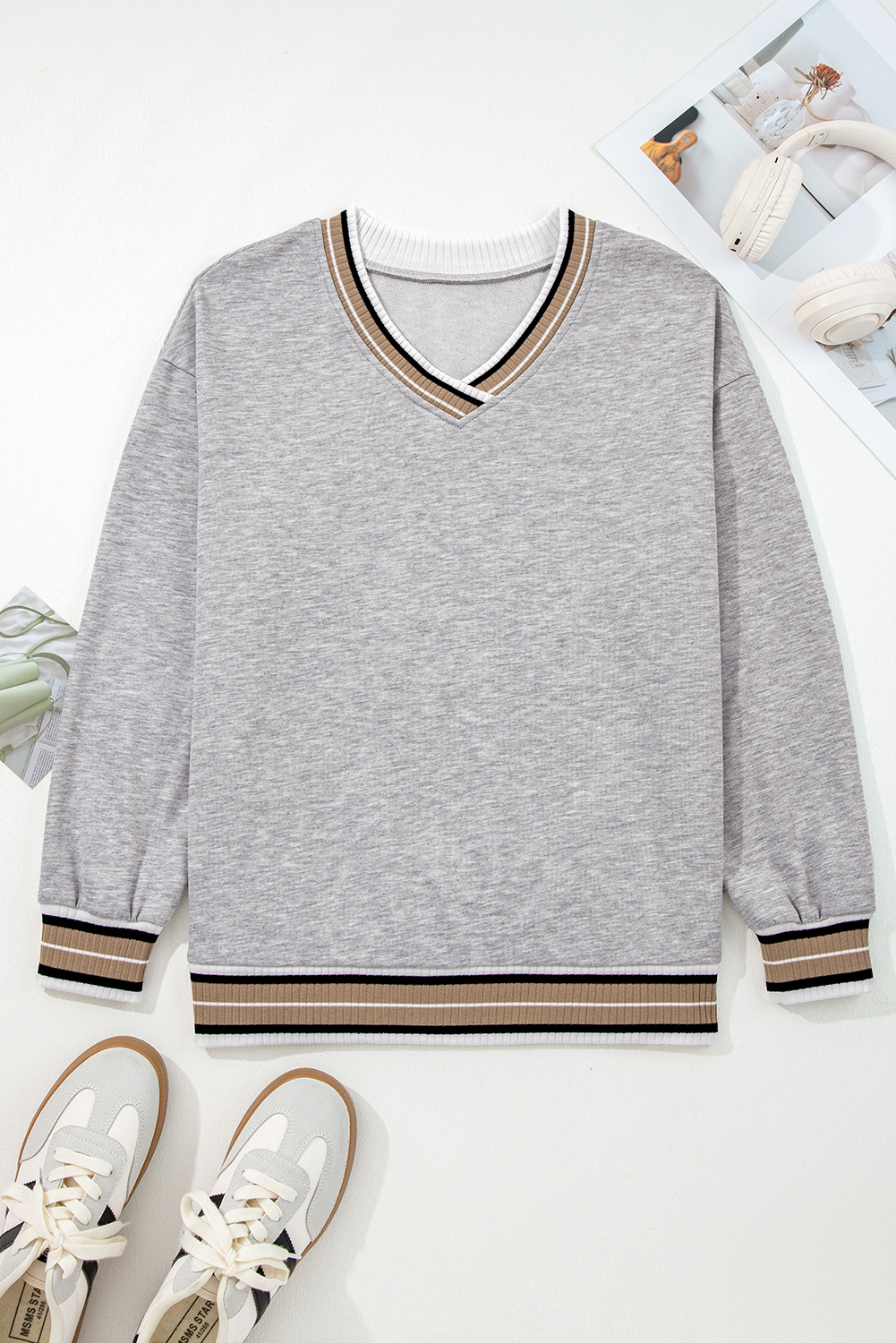 Gray Varsity Contrast Striped Trim V Neck Sweatshirt - loveforevers