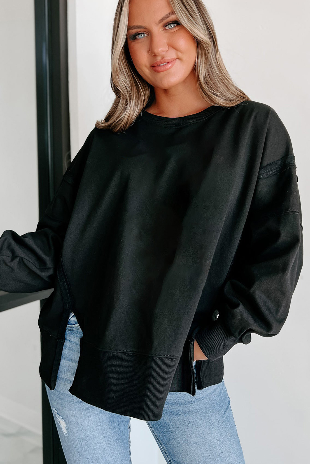 Black Exposed Seam Drop Shoulder Round Neck Sweatshirt with Slits - loveforevers