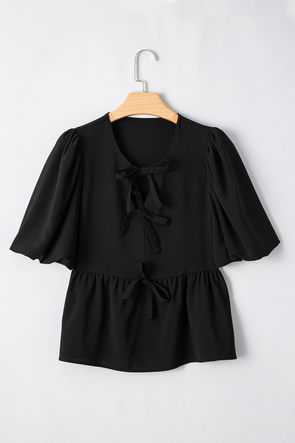 Black Puff Sleeve Bowknot Front Peplum Blouse - loveforevers