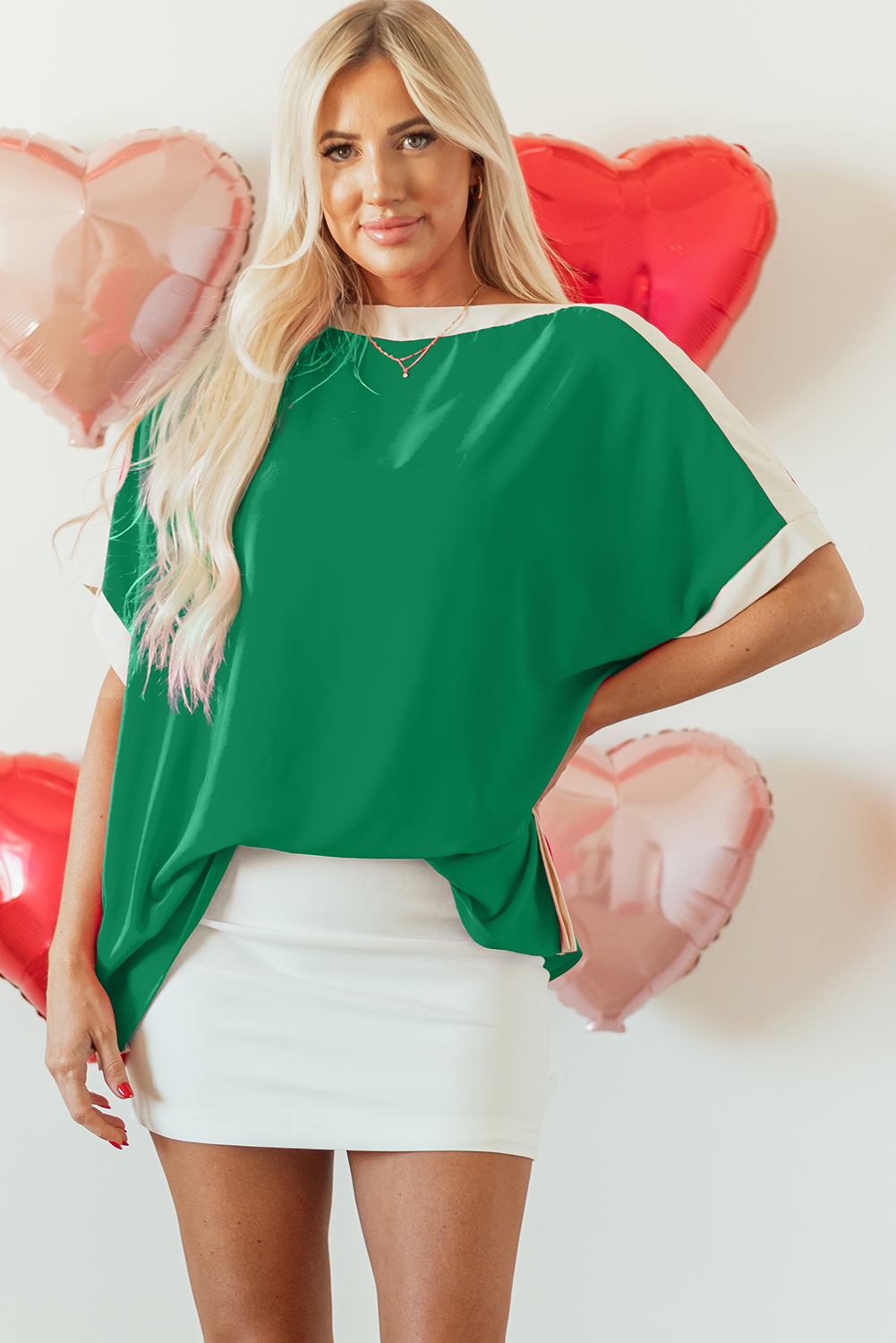 Green Oversized Color Block Boat Neck Tunic Blouse - loveforevers