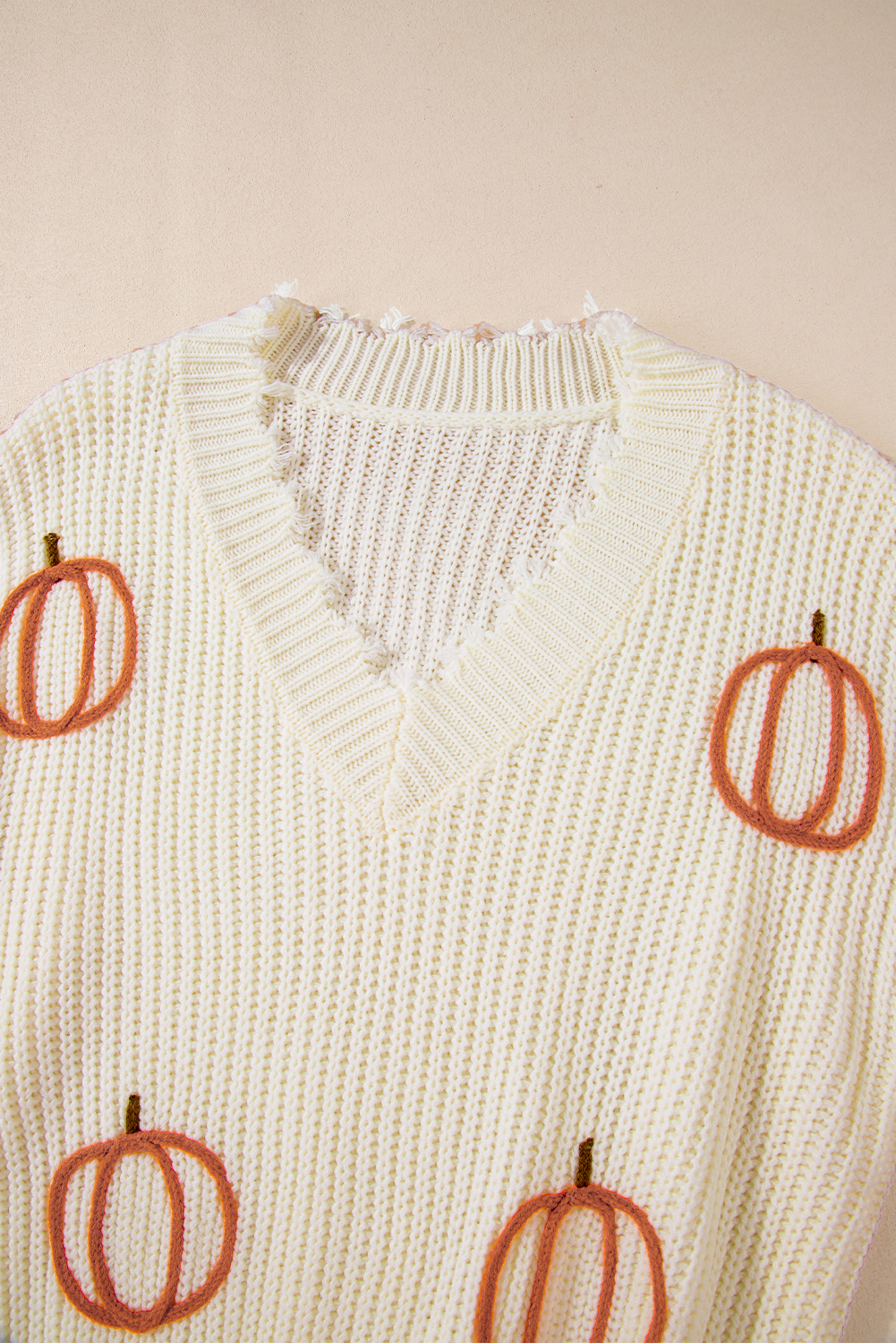 Beige Cable Knit Pumpkin Raw Hem V Neck Loose Sweater - loveforevers