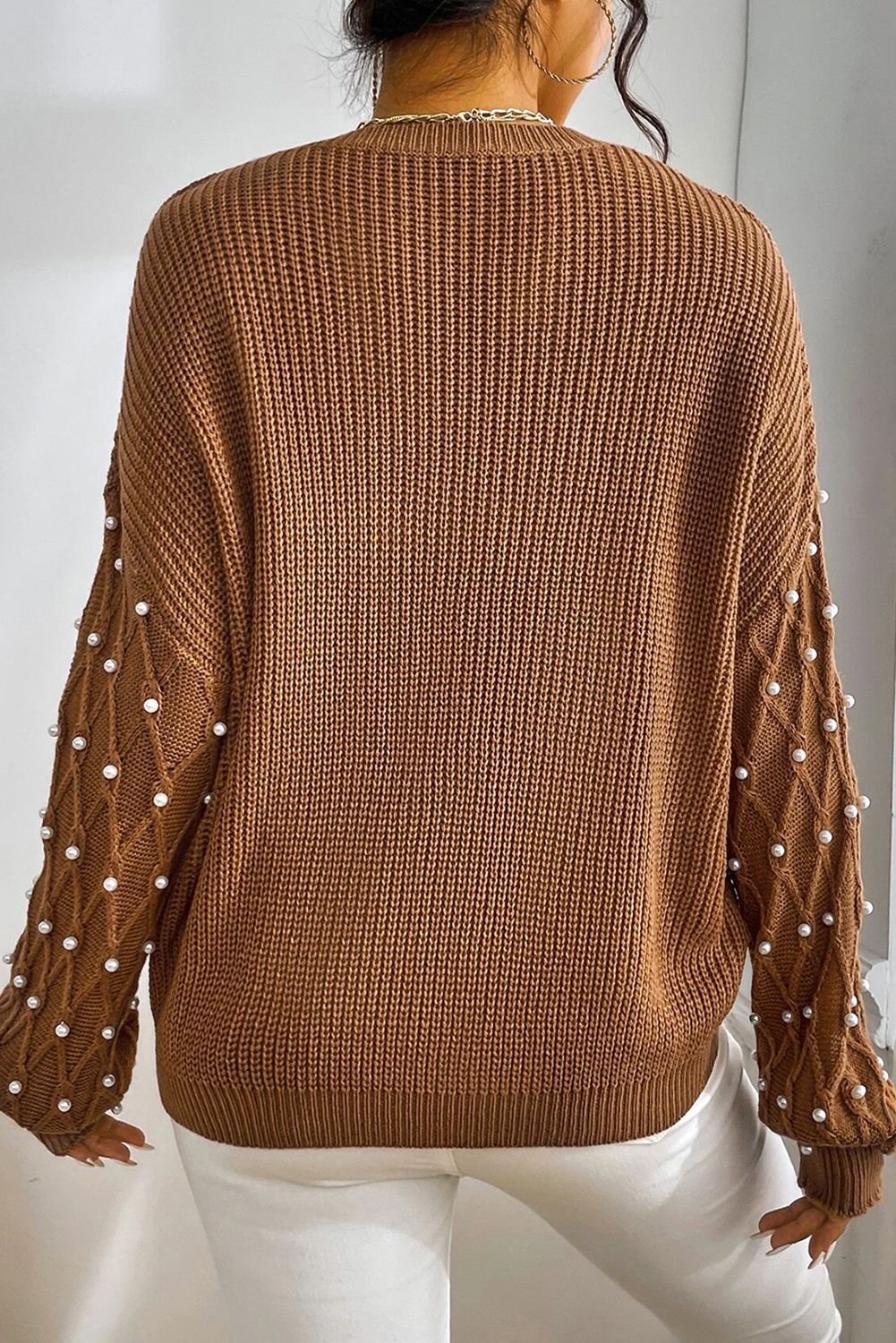 Chestnut Beaded Drop Shoulder Round Neck Sweater - loveforevers