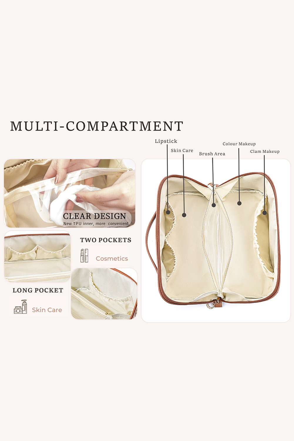 Light French Beige Geometric Braided Print Makeup Bag with Handle - loveforevers
