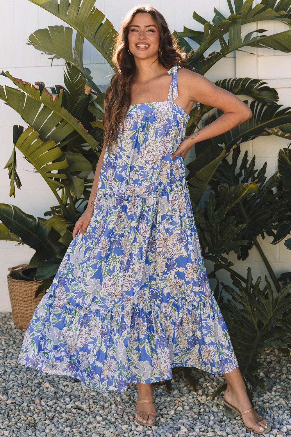Sky Blue Floral Print Self-tie Straps Flowy Ruffle Long Dress - loveforevers