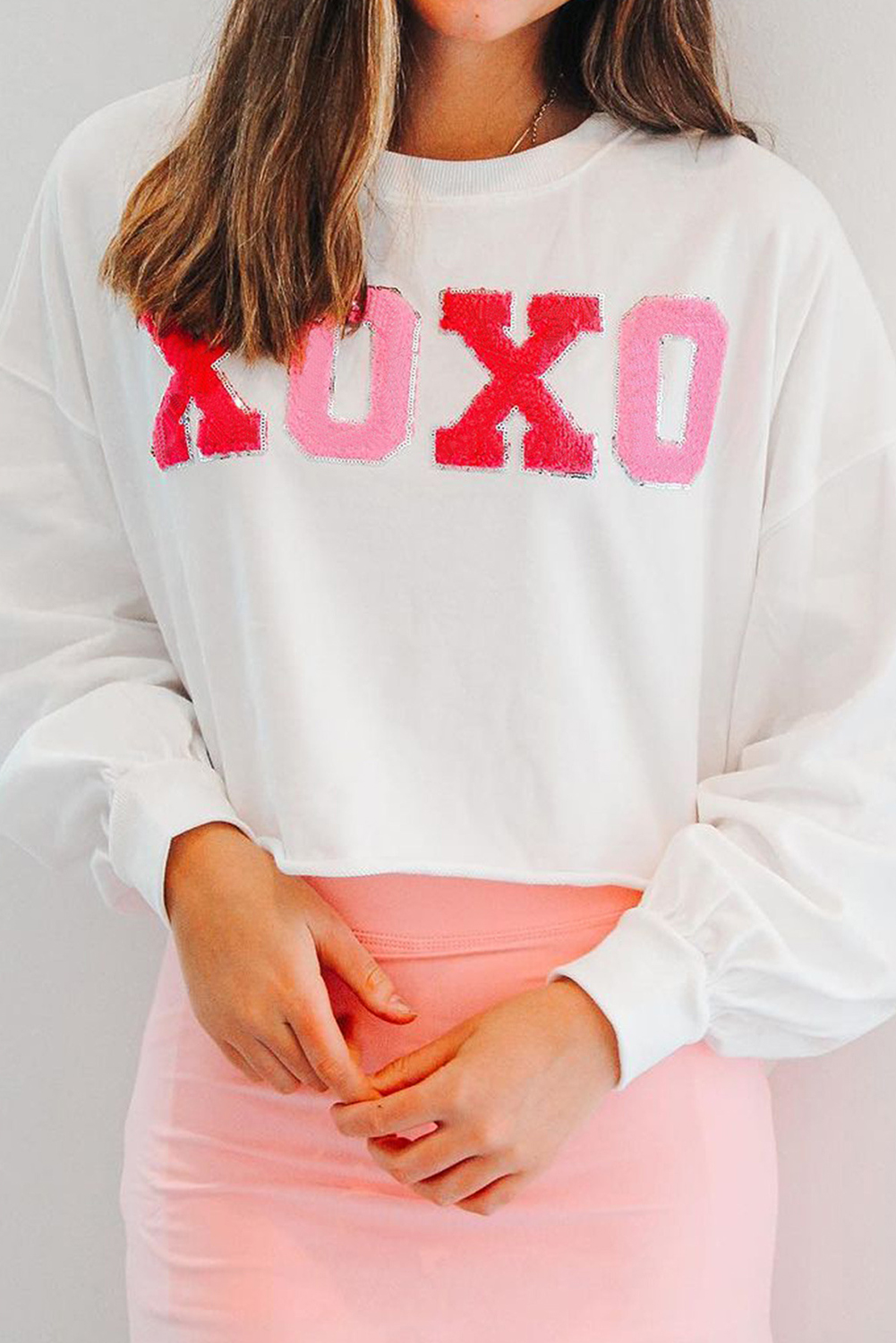 White XOXO Chenille Letter Graphic Valentine Pullover Sweatshirt - loveforevers