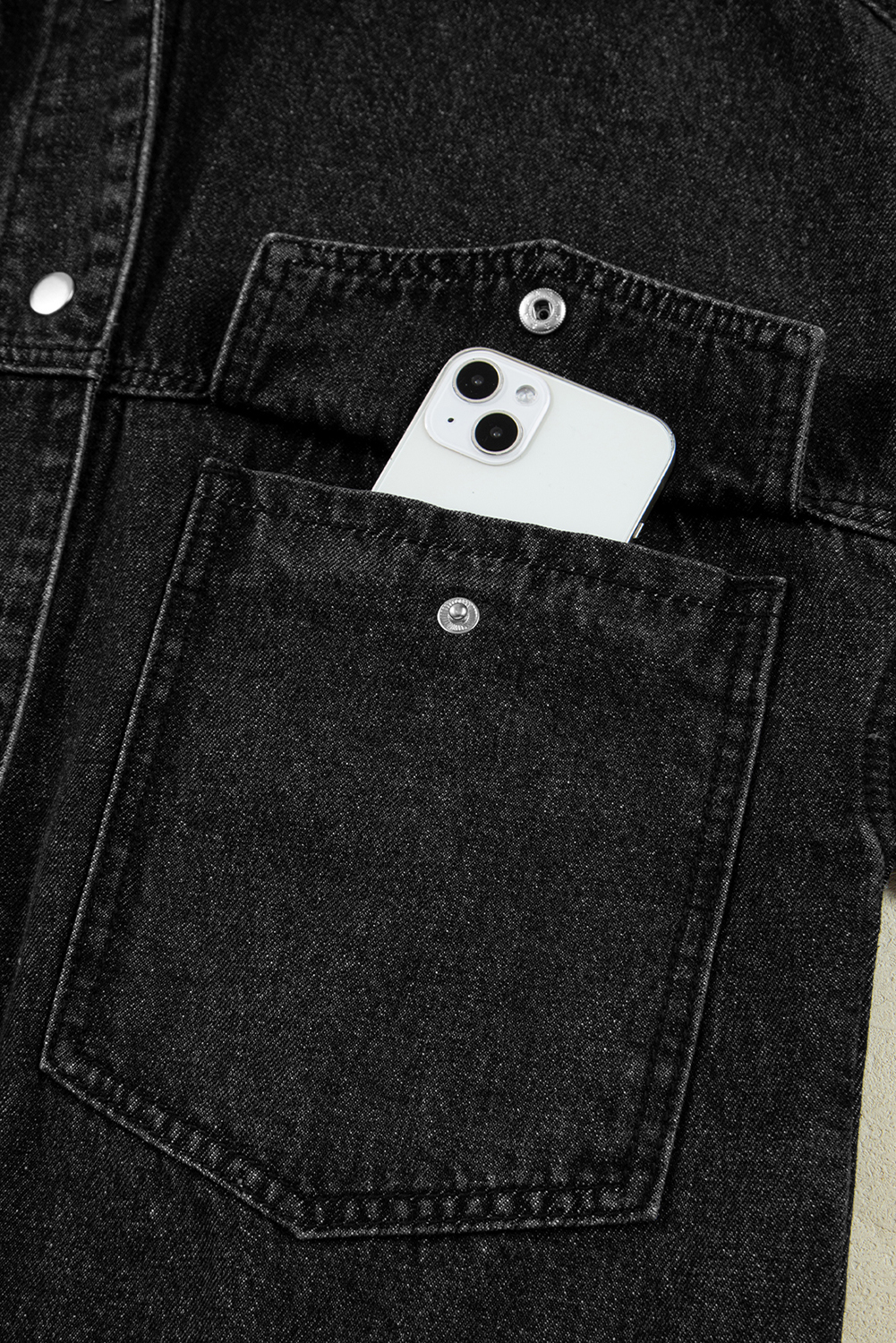 Black Big Chest Pocket Drop Shoulder Hooded Denim Jacket - loveforevers