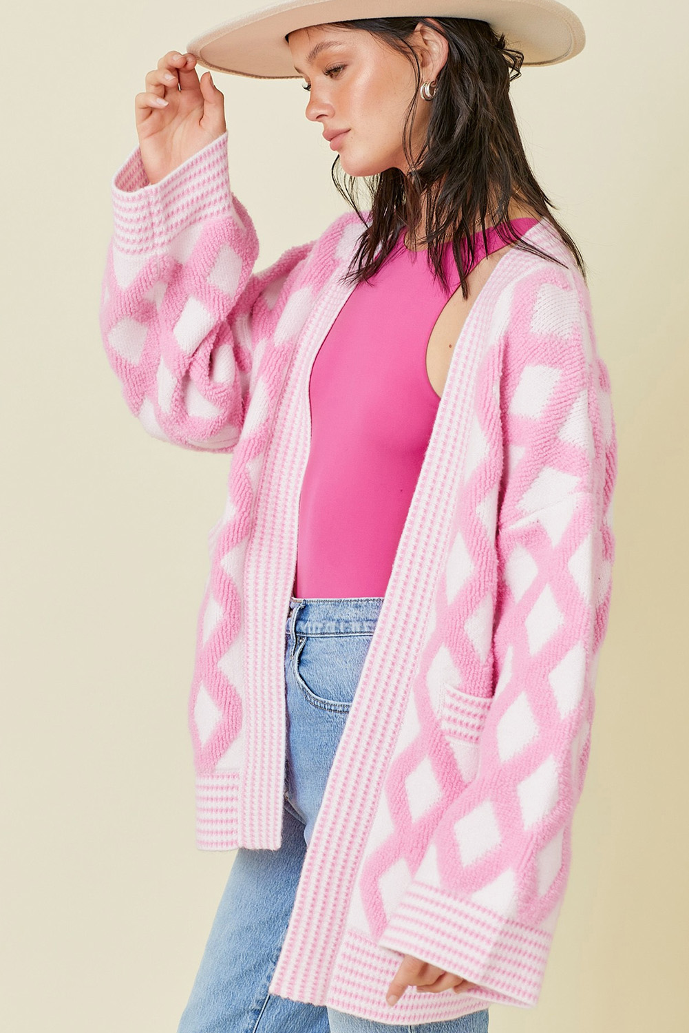 Pink Rhombus Pattern Knit Open Front Pocketed Cardigans - loveforevers