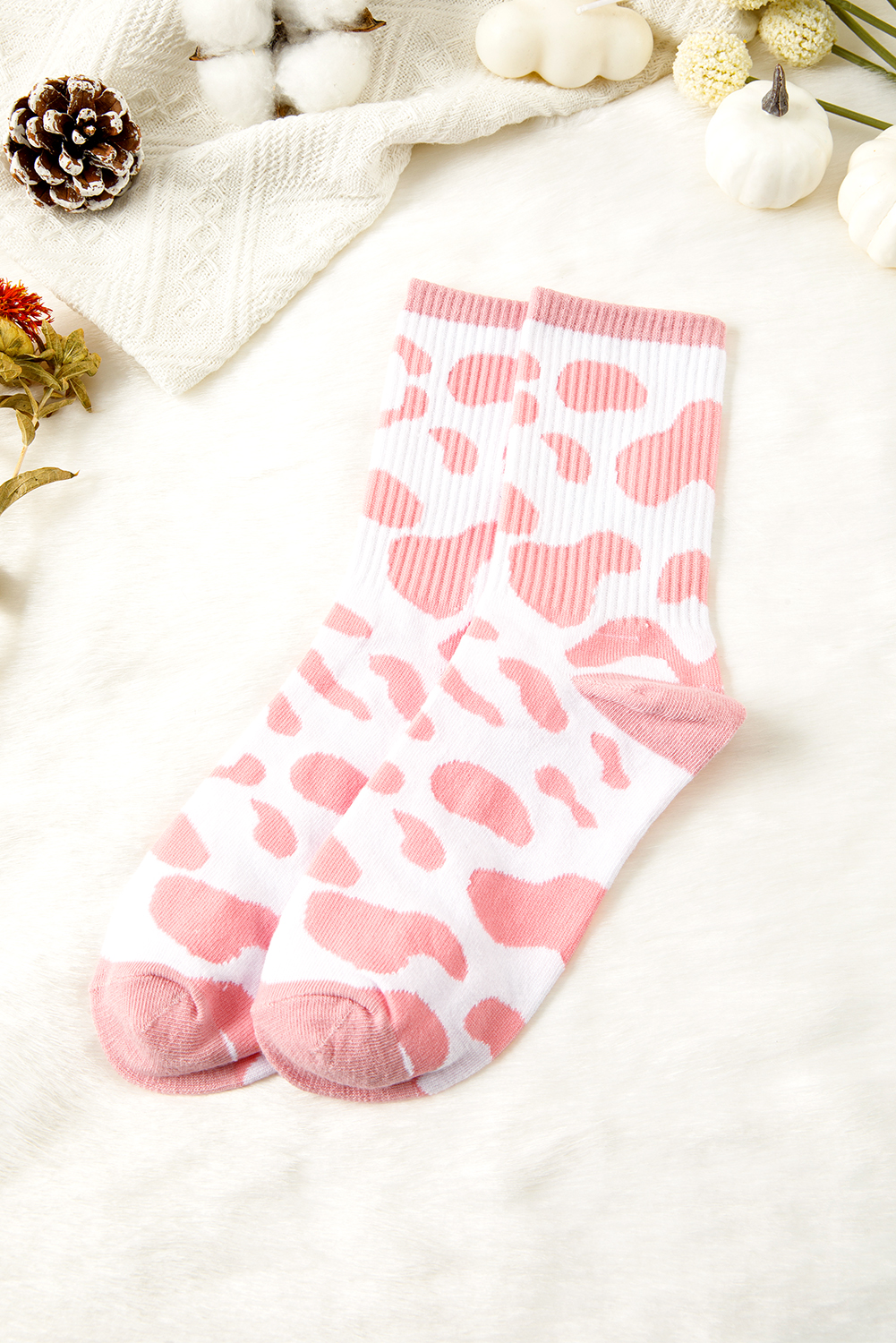 Pink Cow Print Ribbed Detail Crew Socks - loveforevers