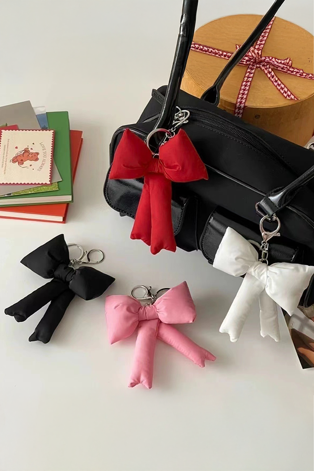 Pink Gingham Puffer Bow Knot Bag Pendant Keychain - loveforevers