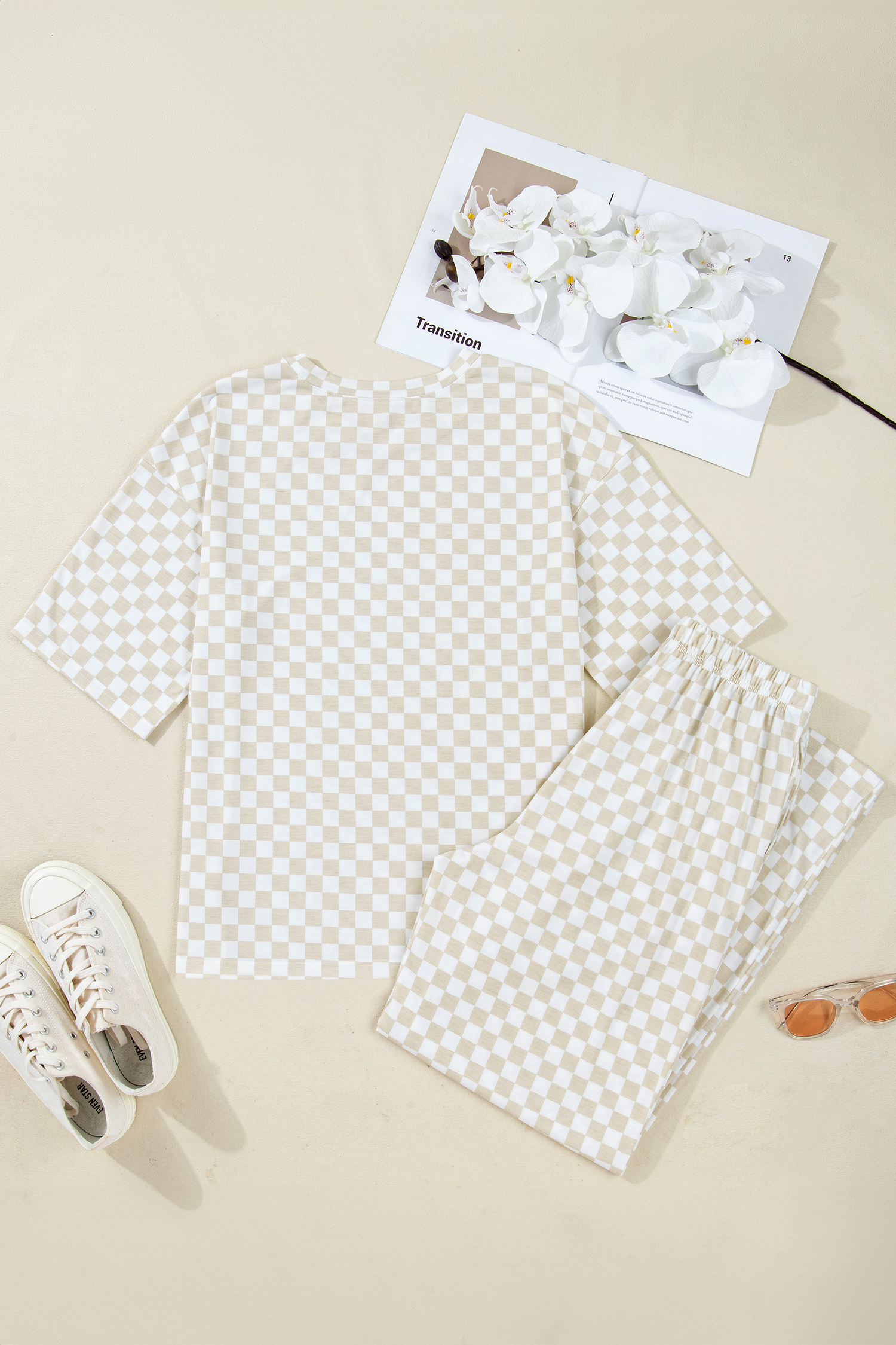 Khaki Checkered Print Half Sleeve Tee 2pcs Lounge Pant Set - loveforevers