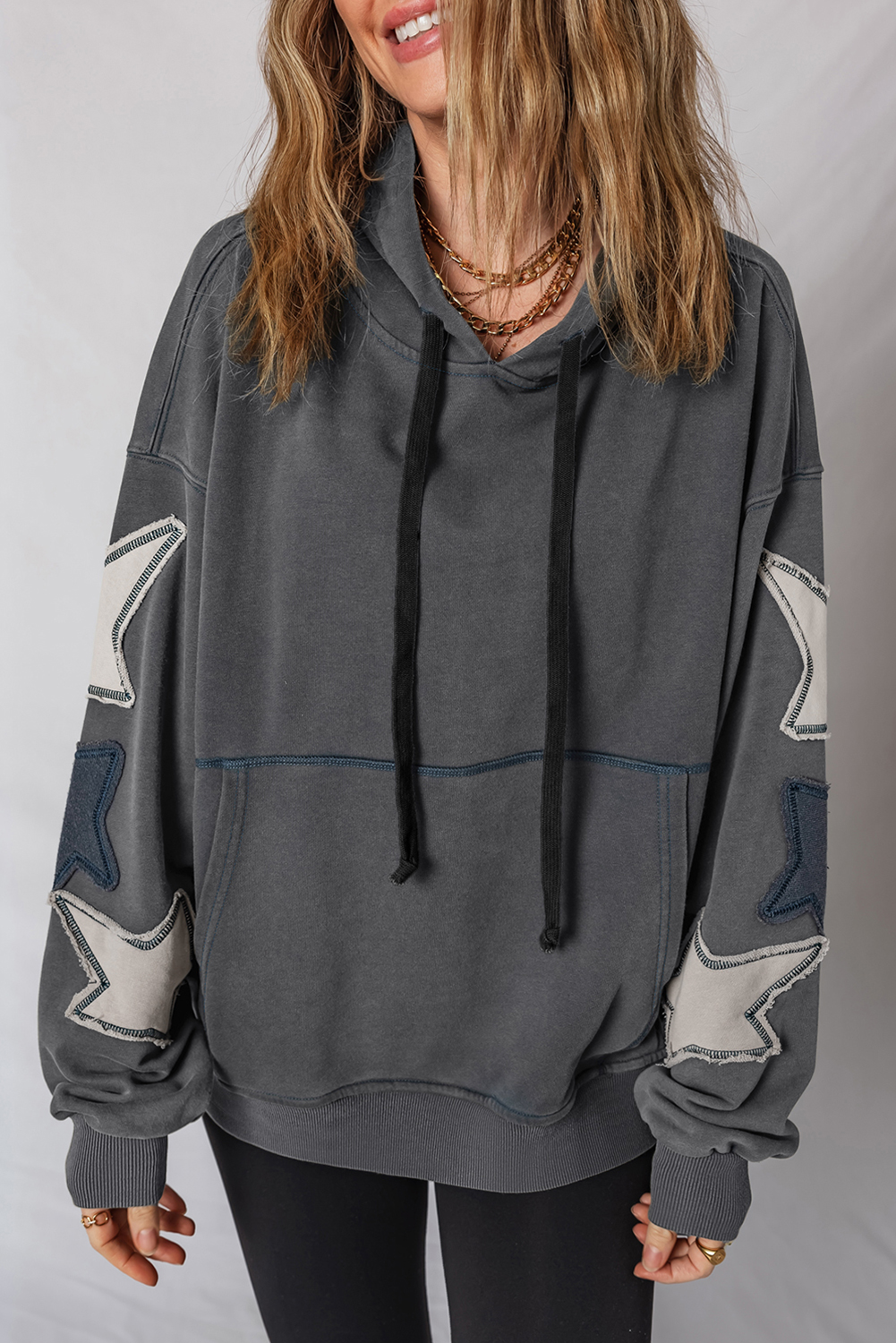 Carbon Grey Star Patchwork Contrast Stitching Mineral Wash Kangaroo Pocket Vintage Hoodie - loveforevers