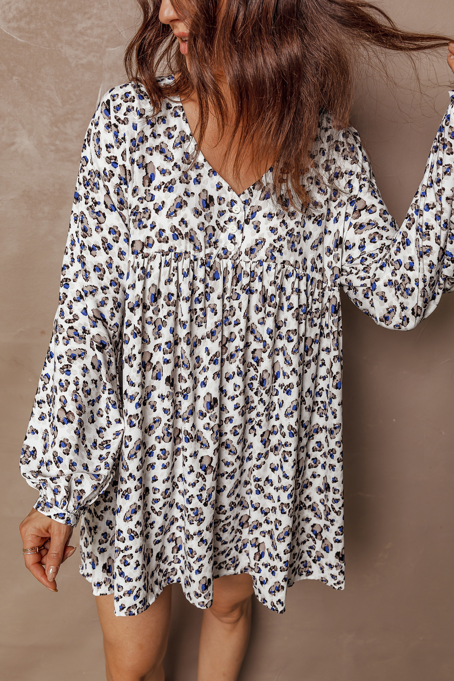 Multicolour Leopard Print V Neck Button Detail Long Sleeve Mini Dress - loveforevers