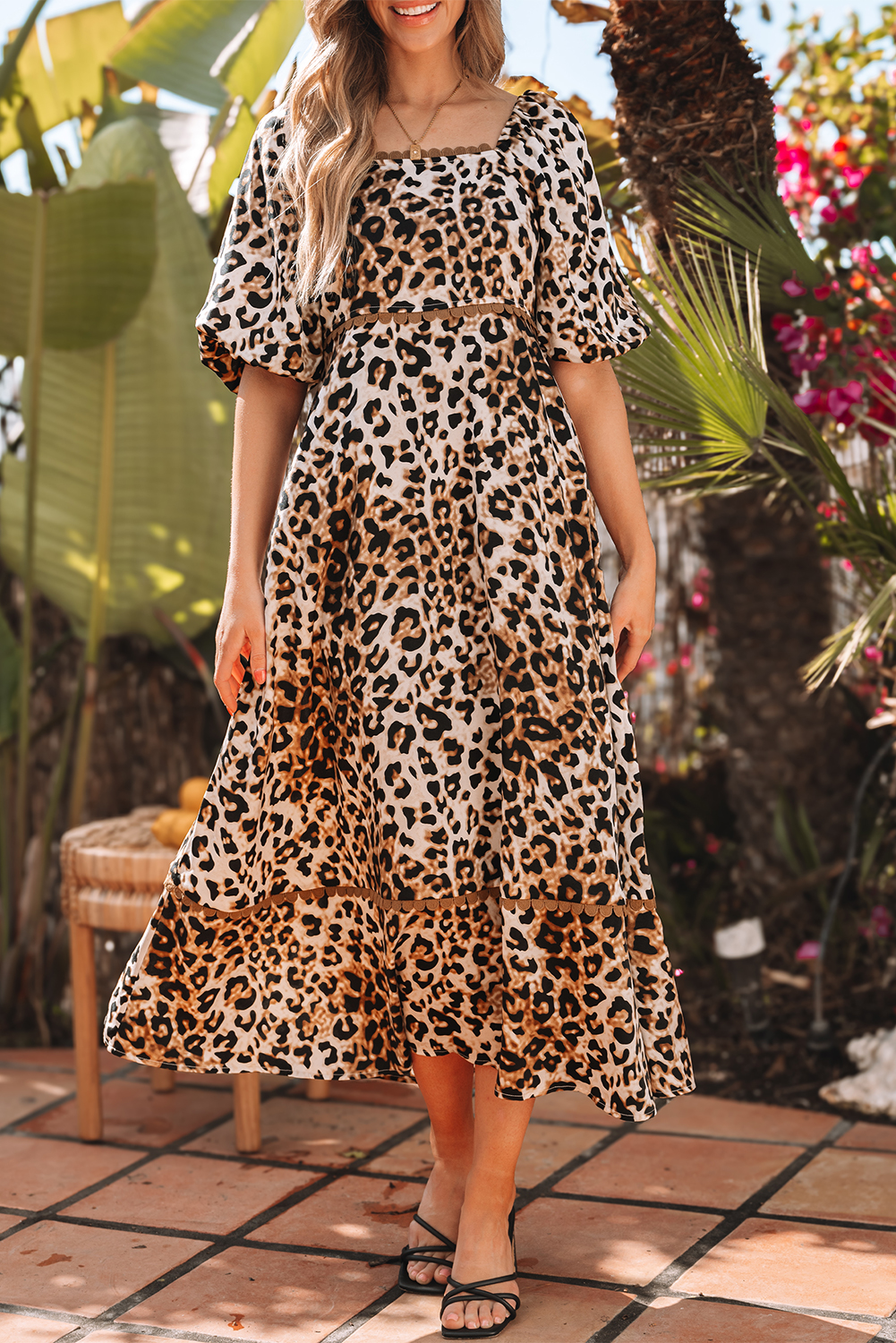 Brown Leopard Print Bubble Sleeve Square Neck Maxi Dress - loveforevers