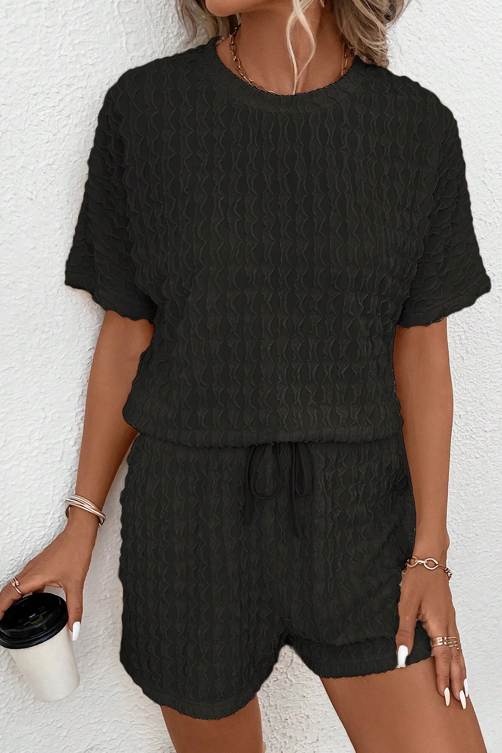Black Frill Textured Short Sleeve Top and Drawstring Shorts Set - loveforevers